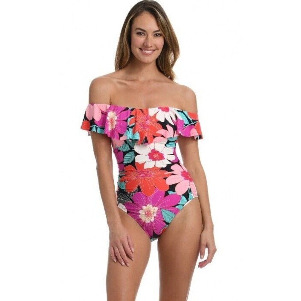 NWT La Blanca Full Bloom Off The Shoulder Ruffle Ruched Swimsuit Womens 10 Pink